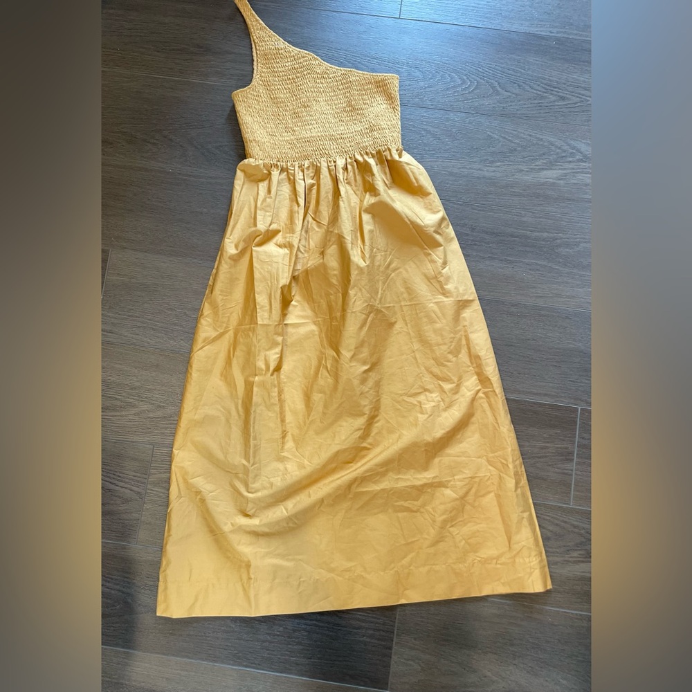 Massimo Dutti yellow one-shoulder smocked midi dress